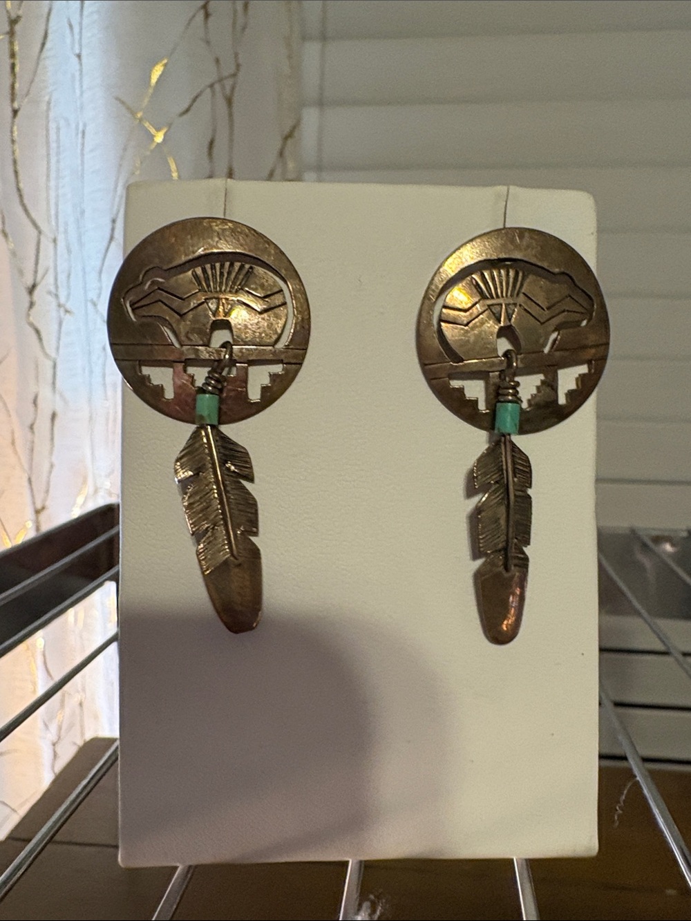 Gold-Tone Feather Drop Earrings with Turquoise Accent